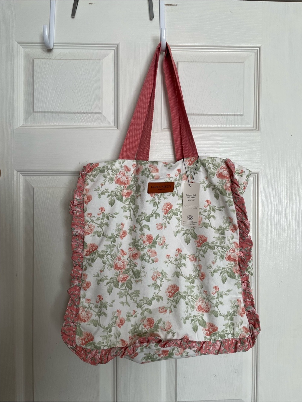 NWT Laura Ashley Madelynn Duck Floral Canvas Ruffle Tote Bag - Pink/Green